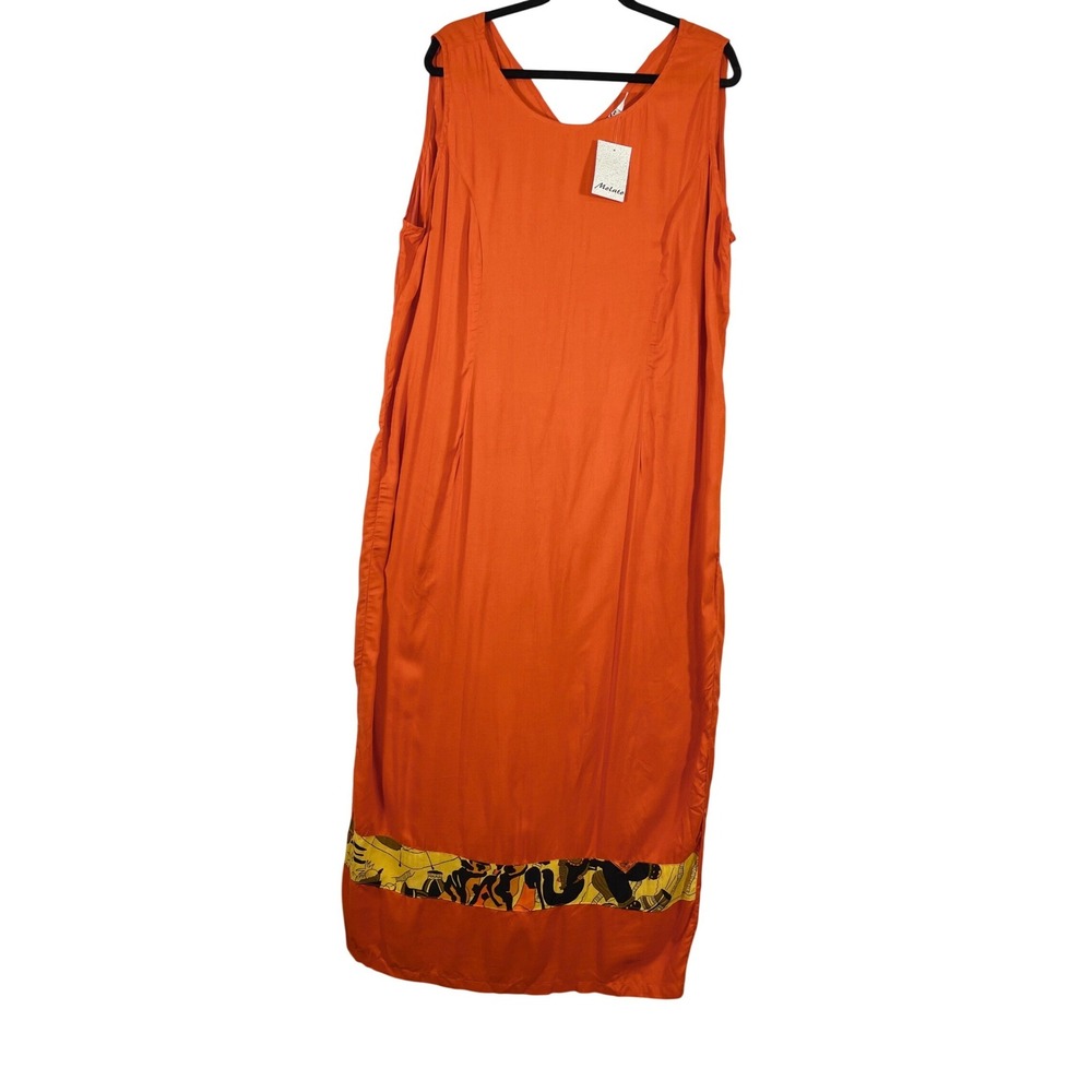 Molato‎ Women Orange Rayon Maxi Dress With Print Border Extra Large Sleeveless